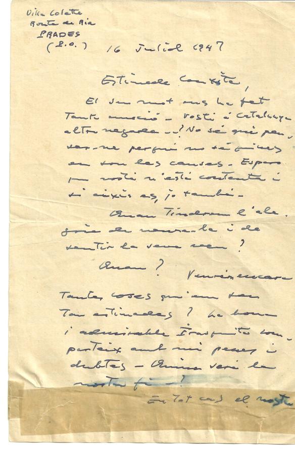 Carta que Pau Casals escriu a Conxita Badia (juliol 1947) 